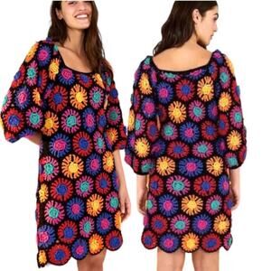 Farm Rio | Crochet Flowers Mini Dress Granny Square Knit Retro Black XS